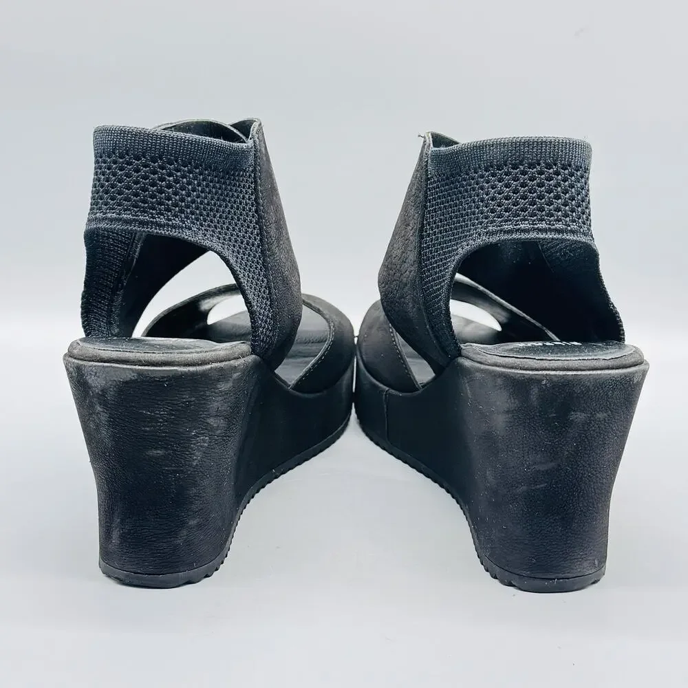 Eileen Fisher Sandals Women 8.5 Black Nubuck Strappy Wedge Platform Knit Ankle